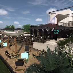 Jakubek Architekci - Wizualizacja 3D letniego ogródka restauracyjnego z neonowym napisem 'Party Time', parasolami i leżakami. Nowoczesny design z elementami roślinnymi i oświetleniem.