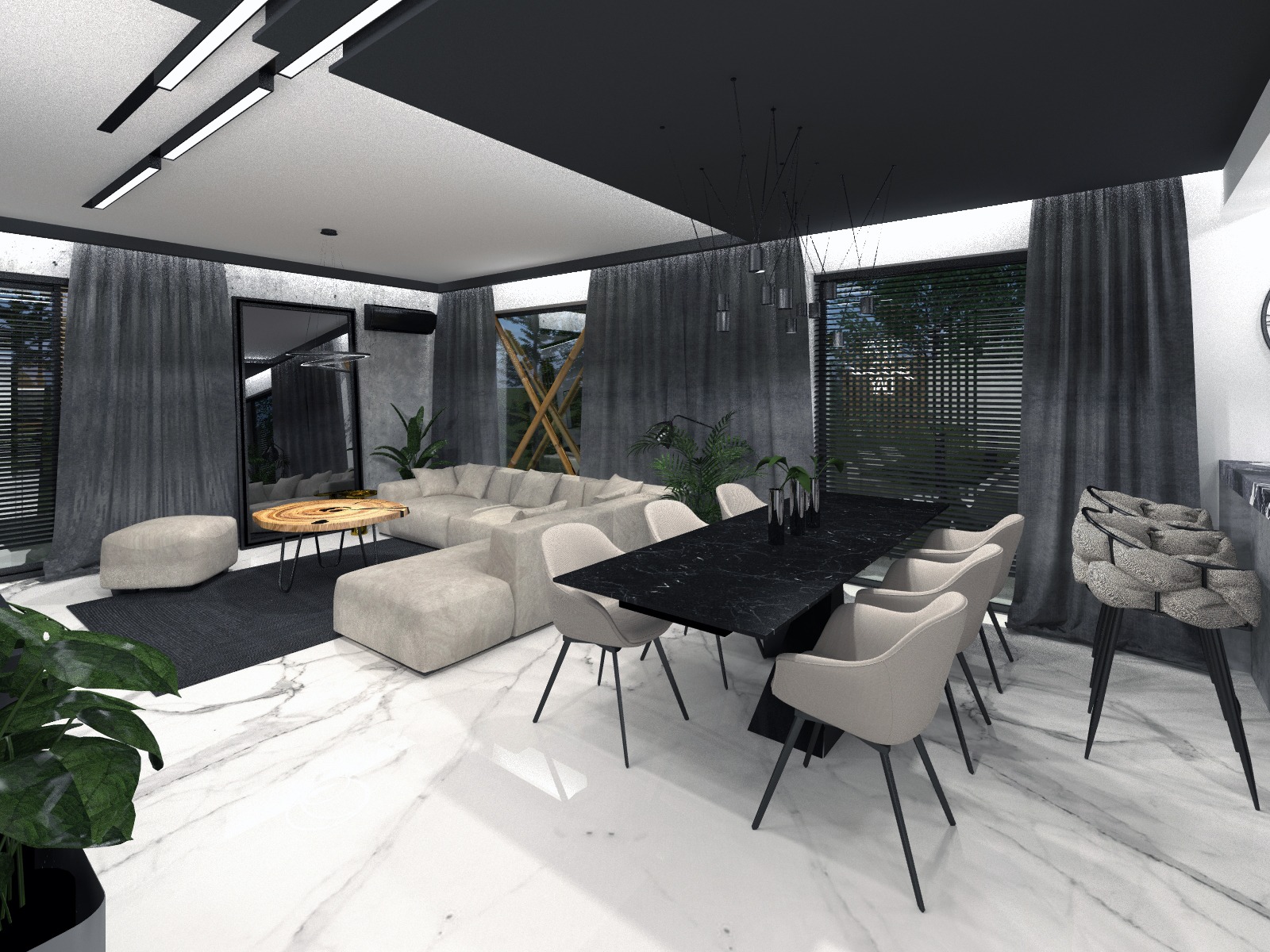 Nowoczesne wnętrze w odcieniach szarości i beżu: marmurowa podłoga, sofa modułowa, czarny stół jadalny z krzesłami i designerskie oświetlenie.