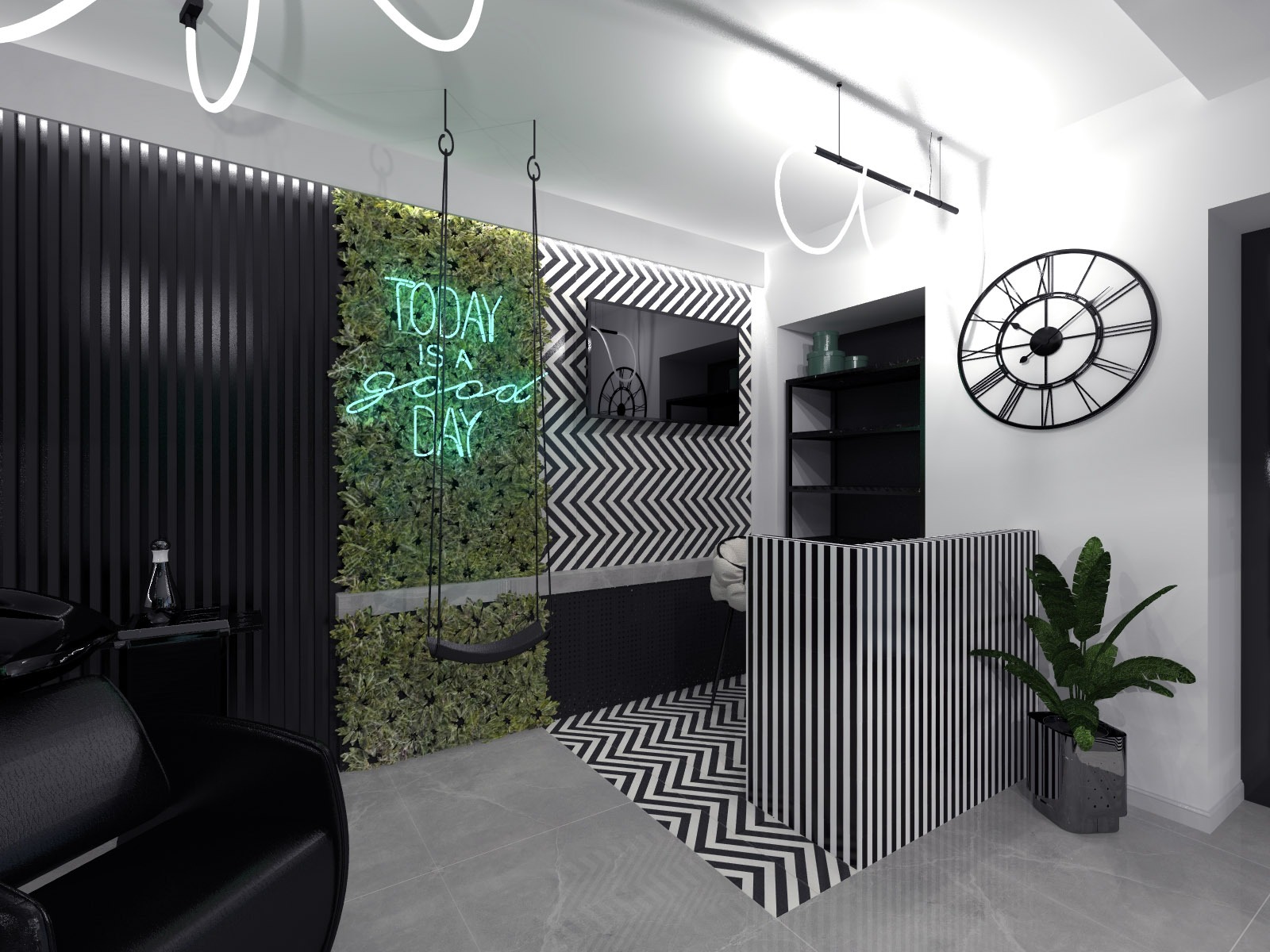 Nowoczesne wnętrze salonu fryzjerskiego z recepcją w paski, neonem 'Today is a good day' na zielonej ścianie i huśtawką. Czarno-biała kolorystyka, designerski zegar.