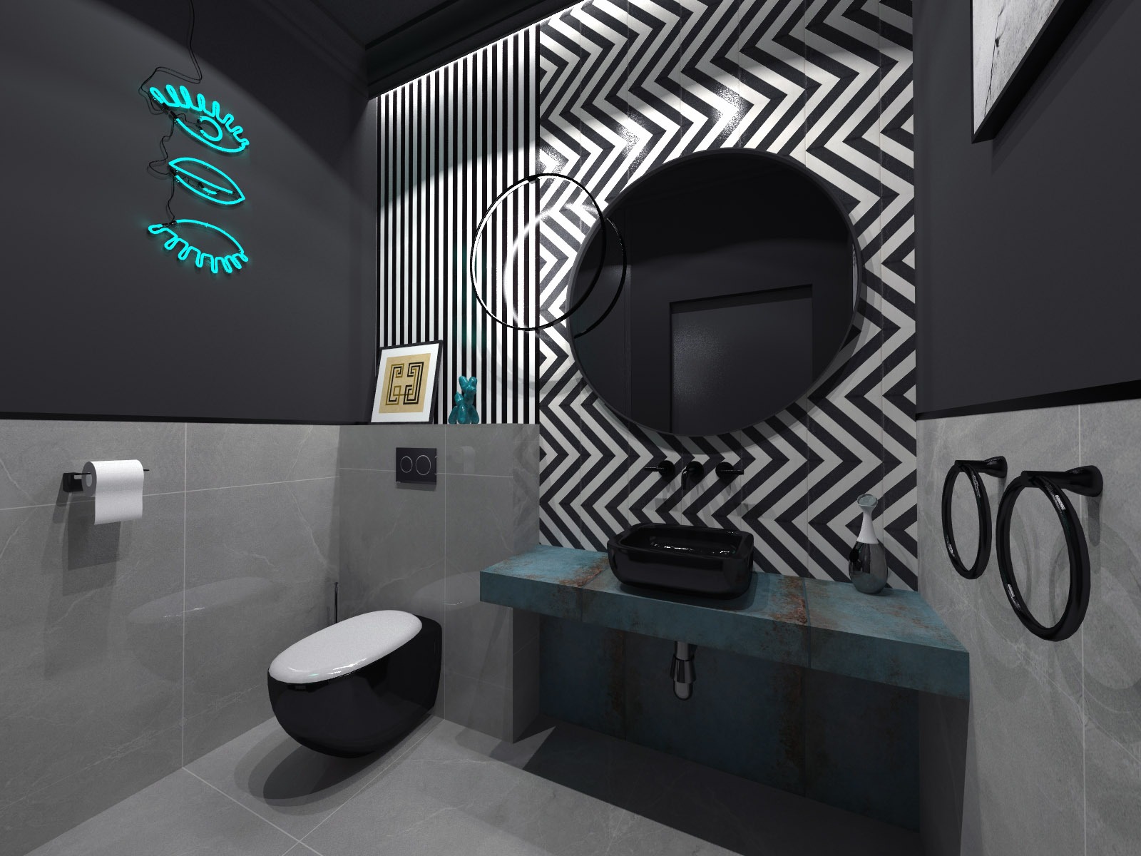 Nowoczesna łazienka w odcieniach szarości i czerni, z geometrycznymi wzorami na ścianie, okrągłym lustrem i neonowym akcentem w kształcie oka.