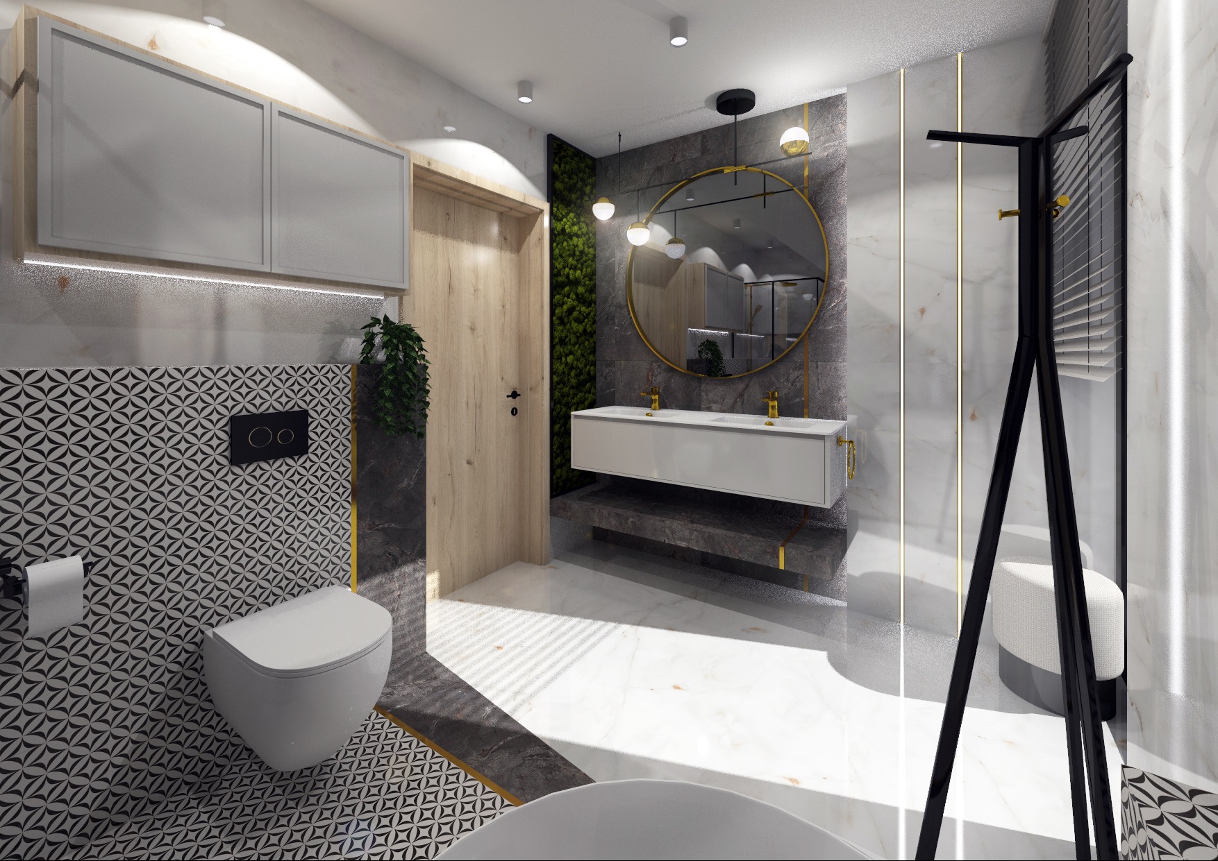 Nowoczesna łazienka z geometrycznymi płytkami, okrągłym lustrem z podświetleniem i zieloną ścianą. Biała armatura i kabina prysznicowa z czarnymi elementami.