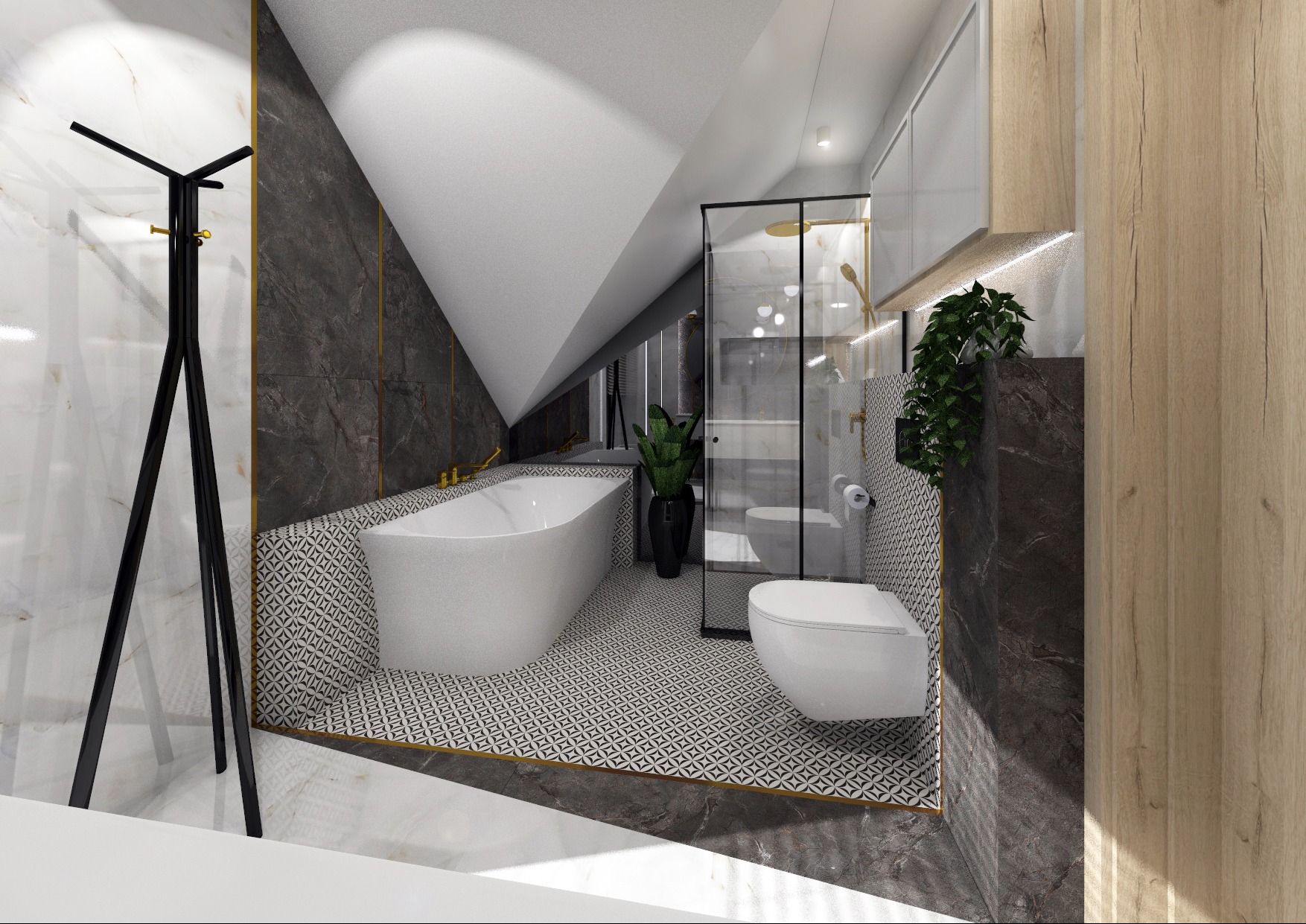 Nowoczesna łazienka na poddaszu z wanną, kabiną prysznicową i toaletą. Uwagę zwracają czarno-białe płytki podłogowe i marmurowe ściany z akcentami złota.