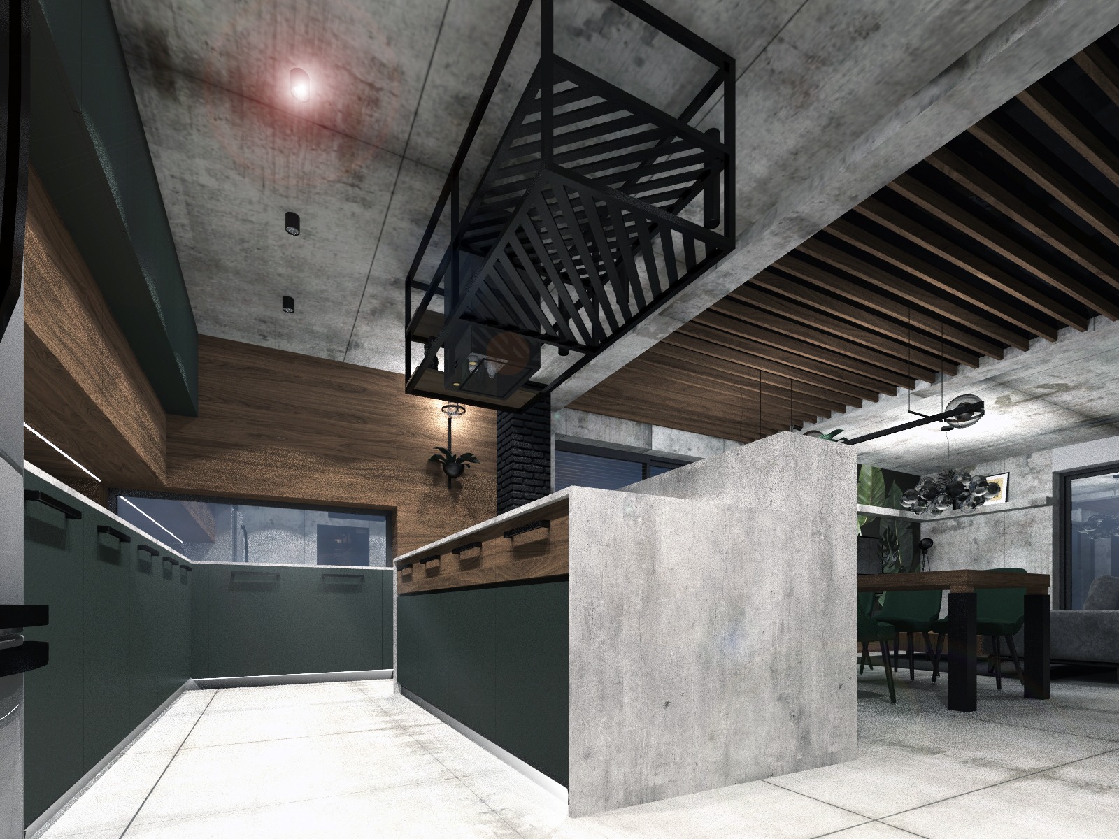 Nowoczesna kuchnia z wyspą w surowym stylu: betonowe ściany, drewniane akcenty i minimalistyczne szafki w odcieniach zieleni. Nad wyspą designerska, metalowa konstrukcja.