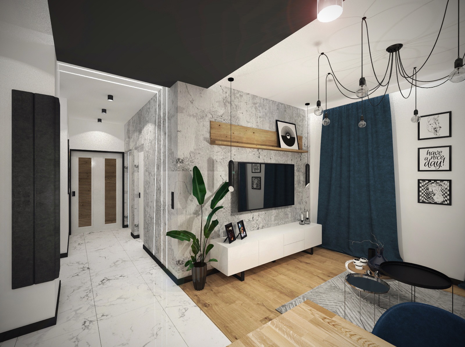 Nowoczesny salon z betonową ścianą, drewnianą podłogą i minimalistycznymi meblami. Czarna lampa pająk dodaje charakteru. Widoczny fragment blatu stołu i krzesła.