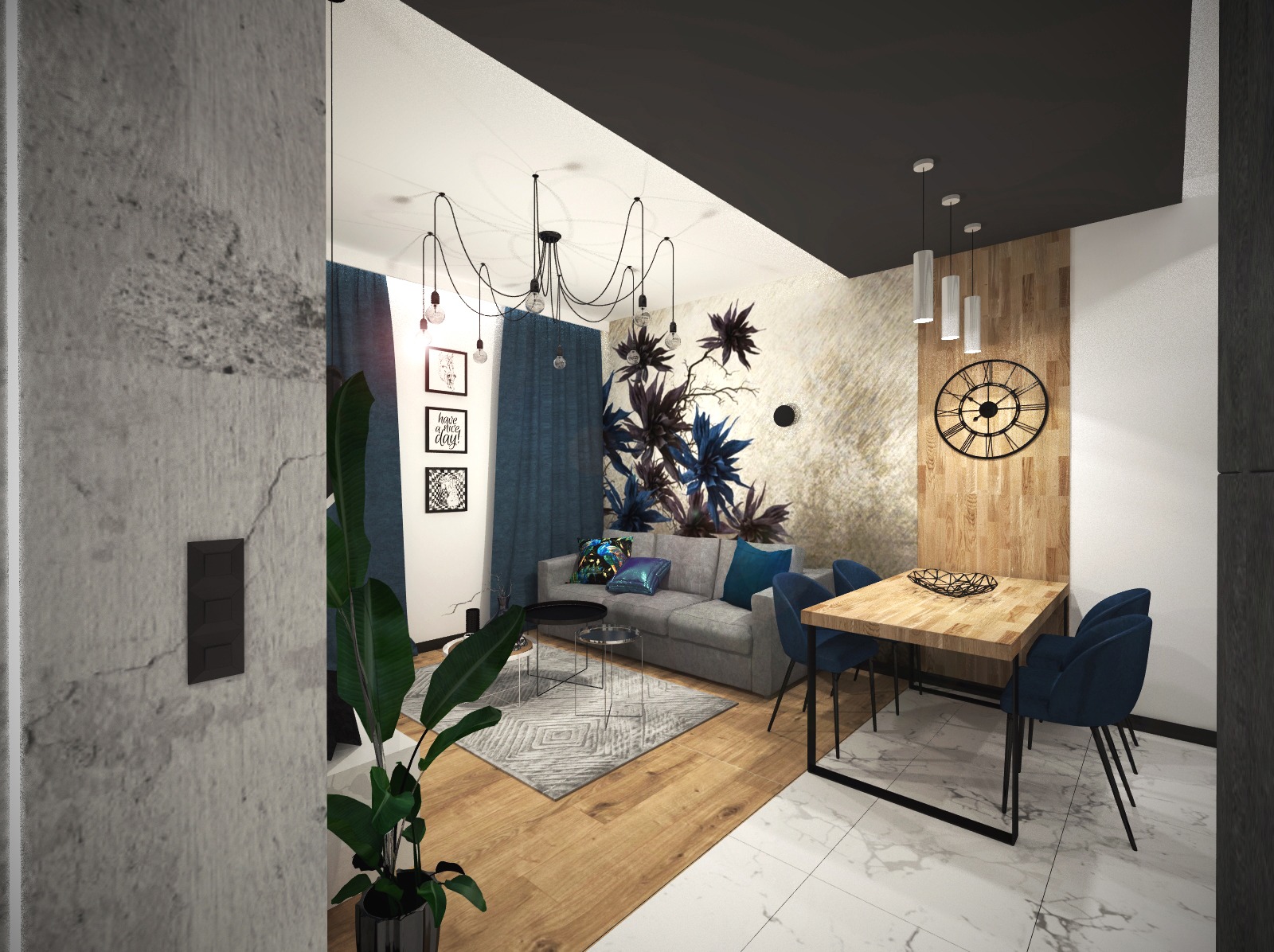 Nowoczesny salon z szarą sofą, drewnianym stołem i dekoracyjną tapetą w kwiaty. Widoczne elementy oświetlenia i rośliny doniczkowe.