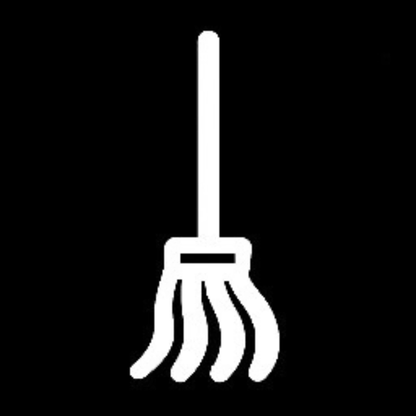 Biały piktogram mopa na czarnym tle. Minimalistyczna grafika przedstawia narzędzie do mycia podłóg, idealne do ilustracji usług porządkowych.