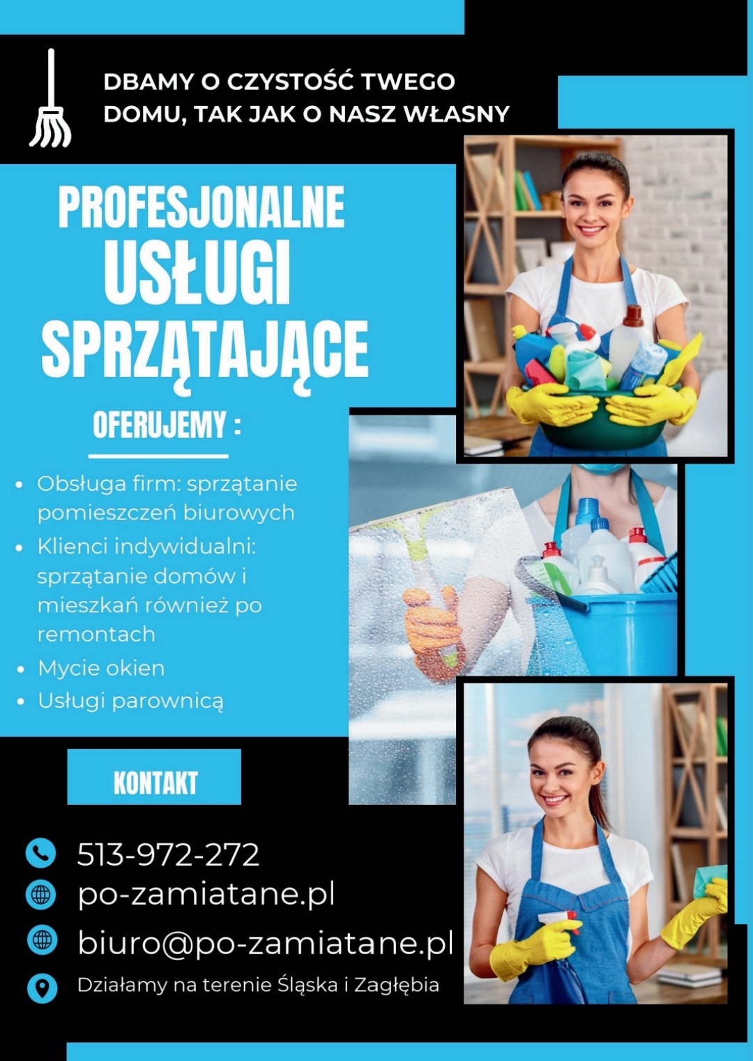 Grafika reklamowa usług sprzątających: uśmiechnięta kobieta z środkami czystości, mycie okien i dane kontaktowe firmy.