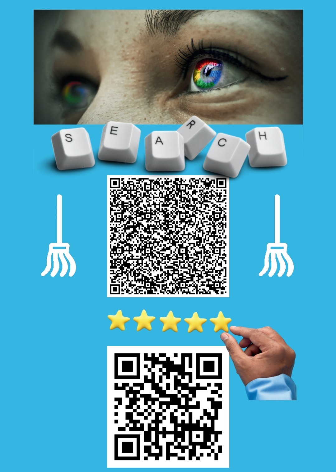 Grafika: oko z logiem Google, klawisze 'SEARCH', kody QR, ikony mopów i ręka oceniająca na 4.5 gwiazdki na niebieskim tle. Symbolizuje wyszukiwanie i ocenę usług.