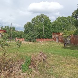 Uslugi Ogrodnicze Marcin Węgrzyn - Zarośnięty trawnik z elementami starej ceglanej konstrukcji w tle. Osoba z wykaszarką w trakcie pracy. Fragment zarośli na pierwszym planie.
