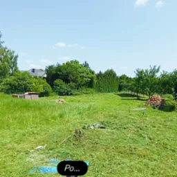 Świeżo skoszone pole trawy z widocznymi resztkami, drzewami w tle i fragmentem niebieskiej plandeki w rogu kadru, ukazujące efekt po koszeniu.