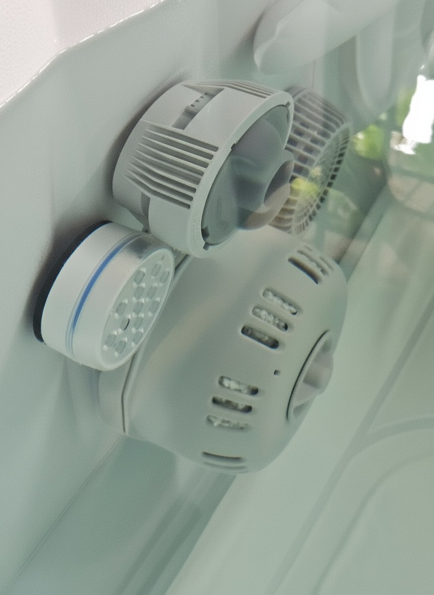 Biały, okrągły element z otworami i diodami LED, prawdopodobnie dysza do hydromasażu, zamontowany na białej powierzchni w jacuzzi.