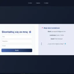 Minimalistyczny wygląd strony internetowej z formularzem kontaktowym po lewej i danymi kontaktowymi web developera po prawej stronie. Ciemny motyw.