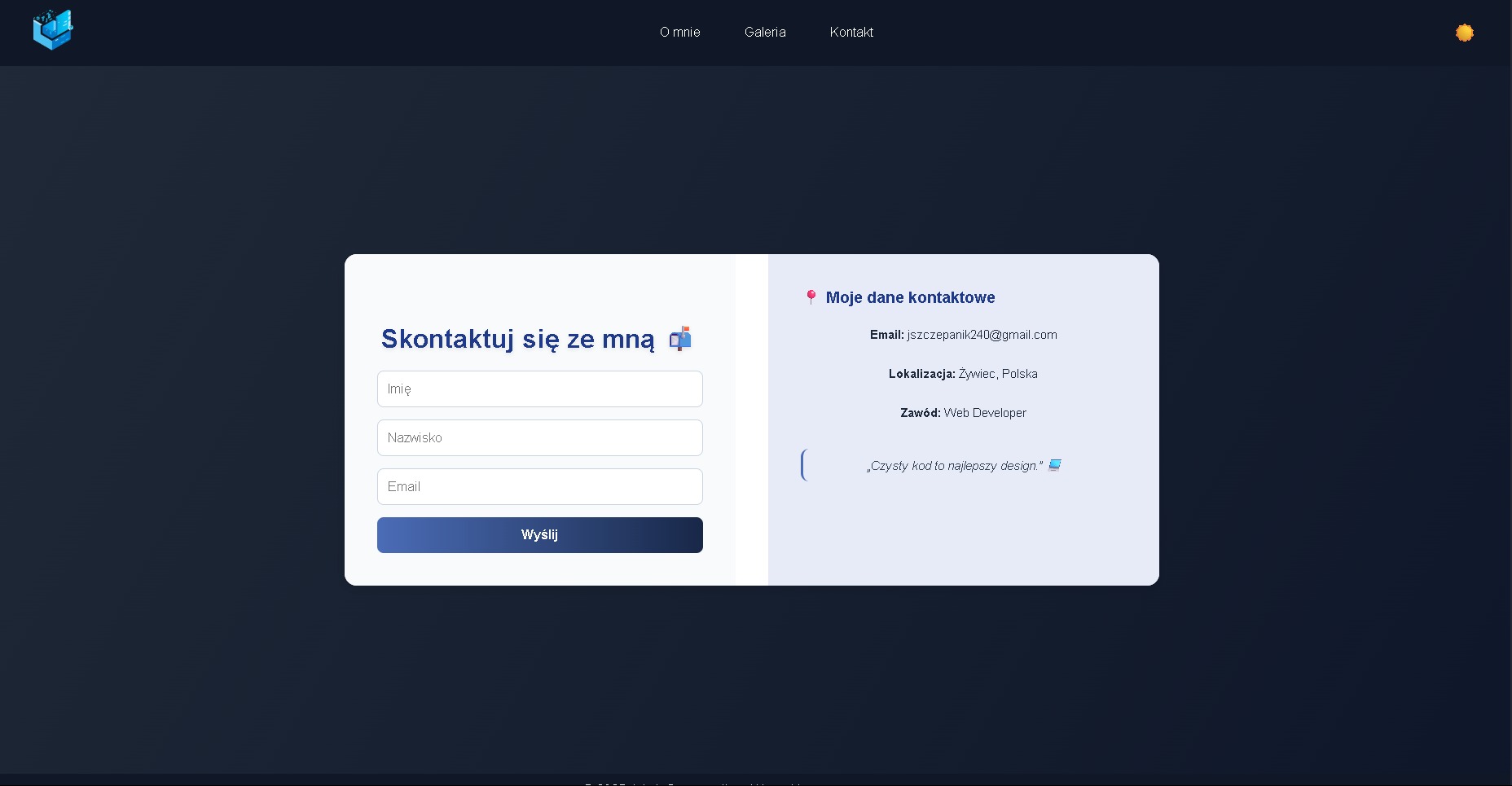 Minimalistyczny wygląd strony internetowej z formularzem kontaktowym po lewej i danymi kontaktowymi web developera po prawej stronie. Ciemny motyw.