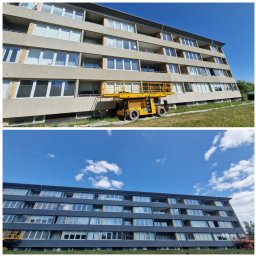 KB usługi remontowo-budowlane - Zdjęcie 'przed i po' przedstawia budynek wielorodzinny. Na górnym zdjęciu budynek jest w kolorze beżowym, a na dolnym w kolorze szarym. Widoczna platforma robocza.