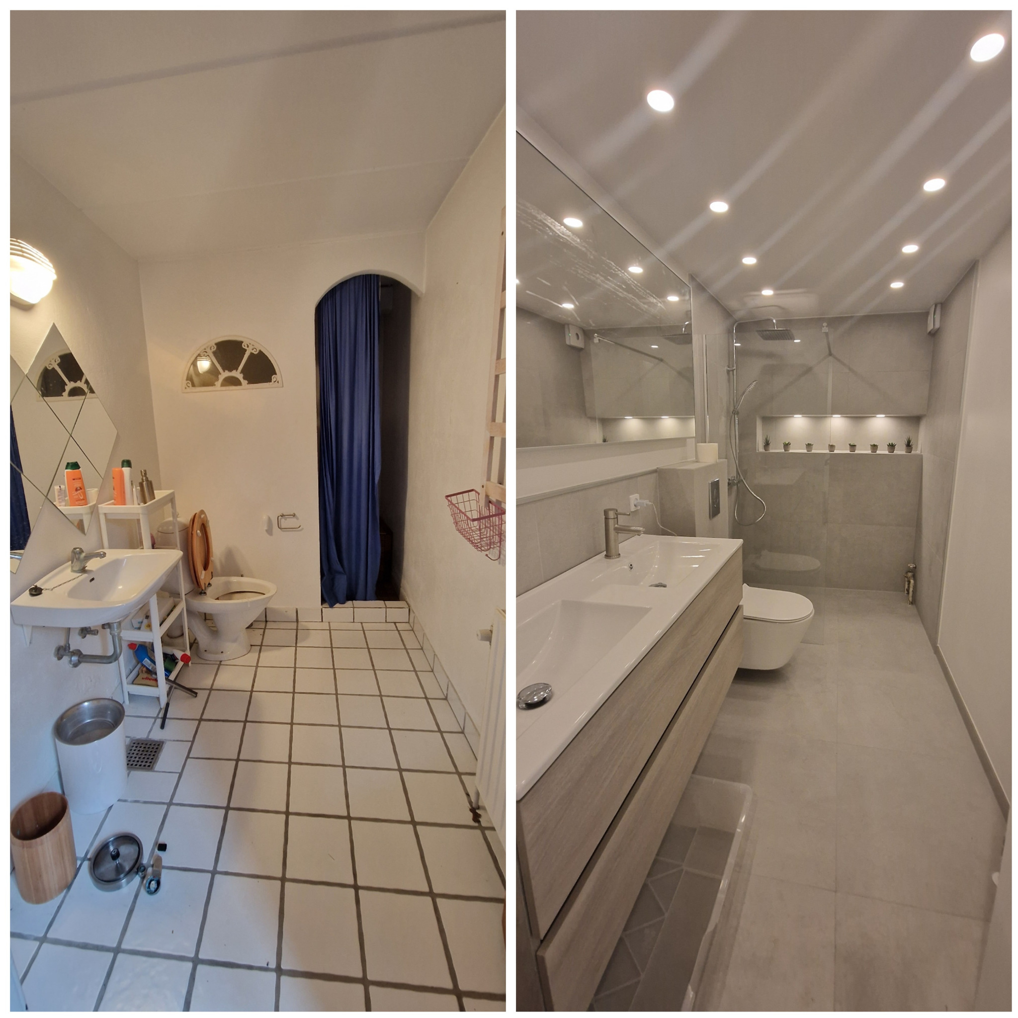 Zdjęcie 'przed i po' prezentujące metamorfozę łazienki: od starej z białą ceramiką i zasłoną, do nowoczesnej z szarą glazurą, kabiną prysznicową i oświetleniem punktowym.