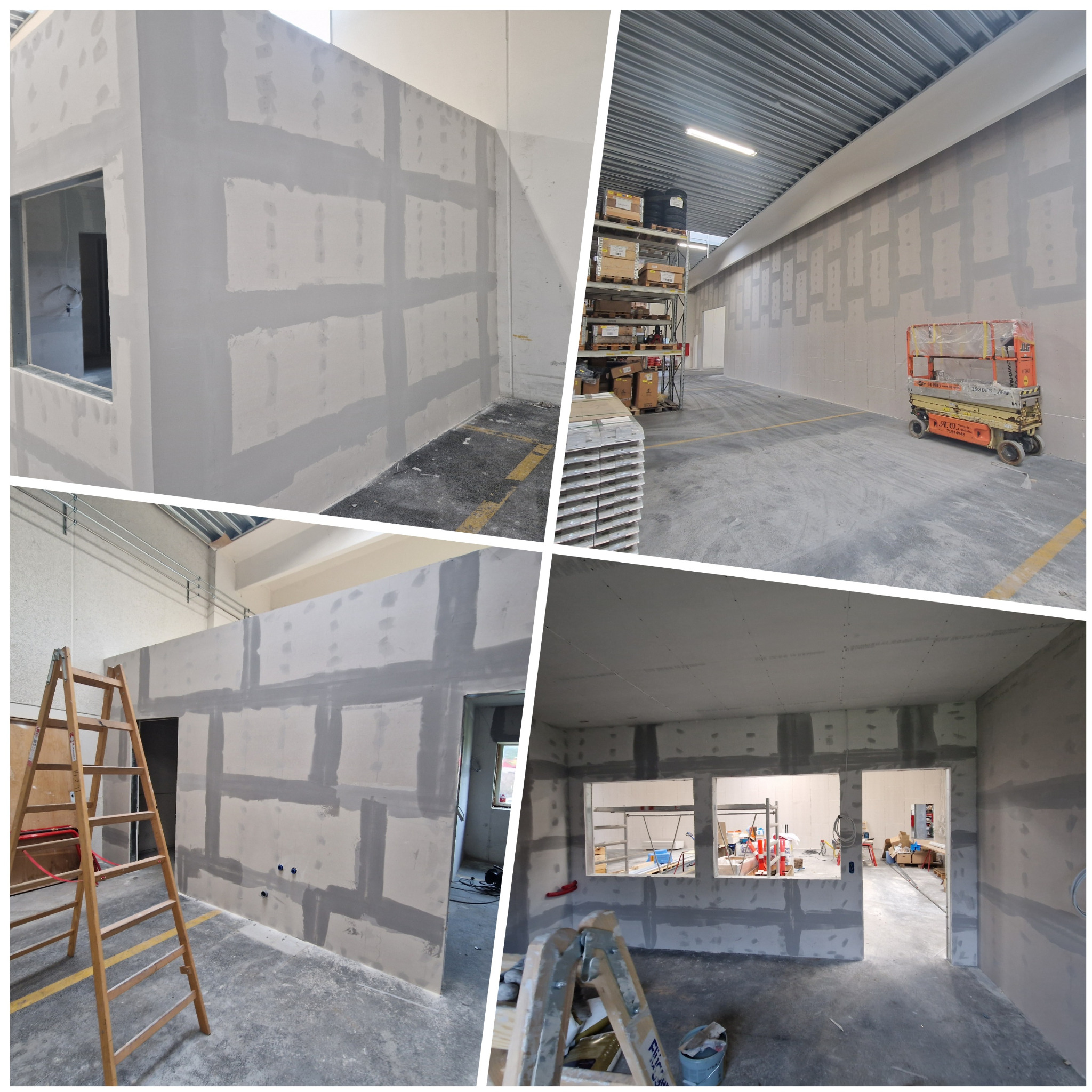 Cztery kadry z wnętrza w trakcie szpachlowania ścian i sufitów. Widoczne drabiny, szpachlowane łączenia płyt, okna i drzwi w surowym stanie. Hala z regałami w tle.