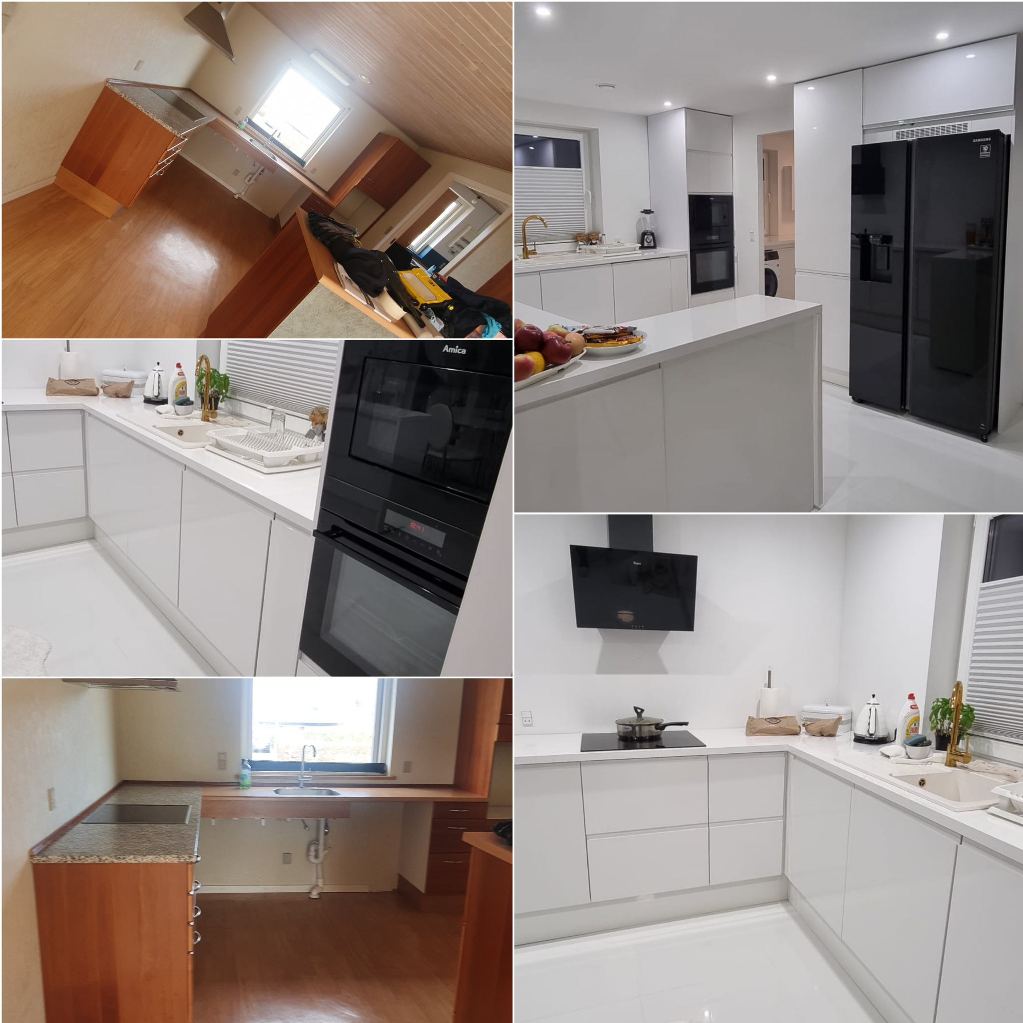 Kolaż prezentujący metamorfozę kuchni: od drewnianych mebli i brązowej podłogi do nowoczesnej, białej zabudowy z wyspą i czarnym sprzętem AGD.