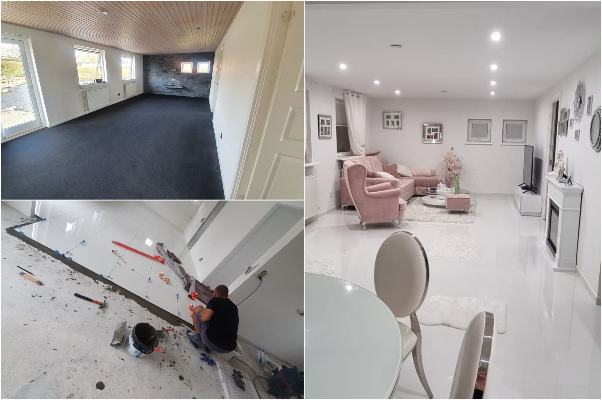 Kolaż: Pokój z czarną wykładziną, salon z różową sofą i białą podłogą, glazurnik układa białe płytki na podłodze. Jasne wnętrza po remoncie.
