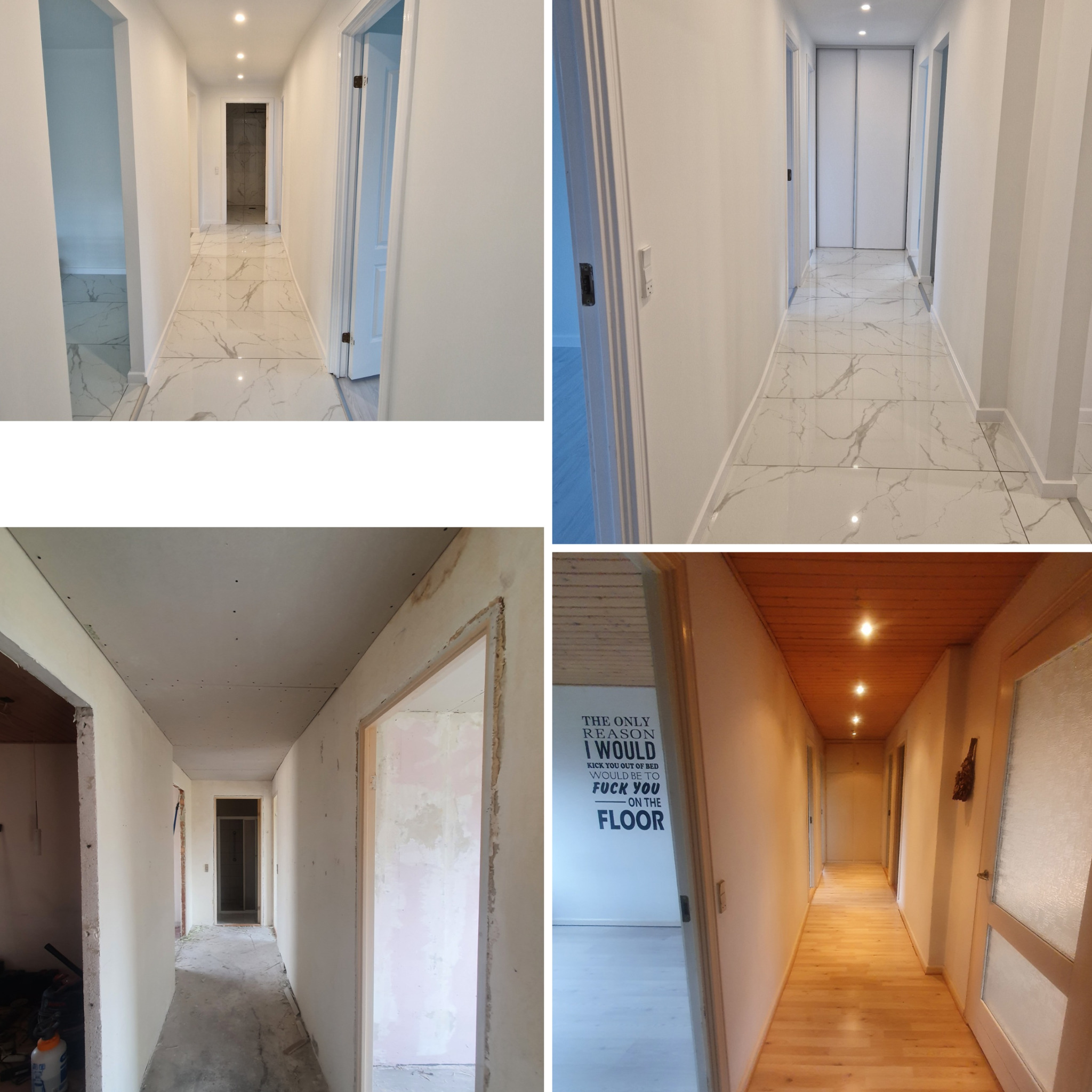 Kolaż zdjęć korytarza: po remoncie z marmurową podłogą i przed remontem ze ścianami w stanie surowym. Widoczne efekty prac remontowych.