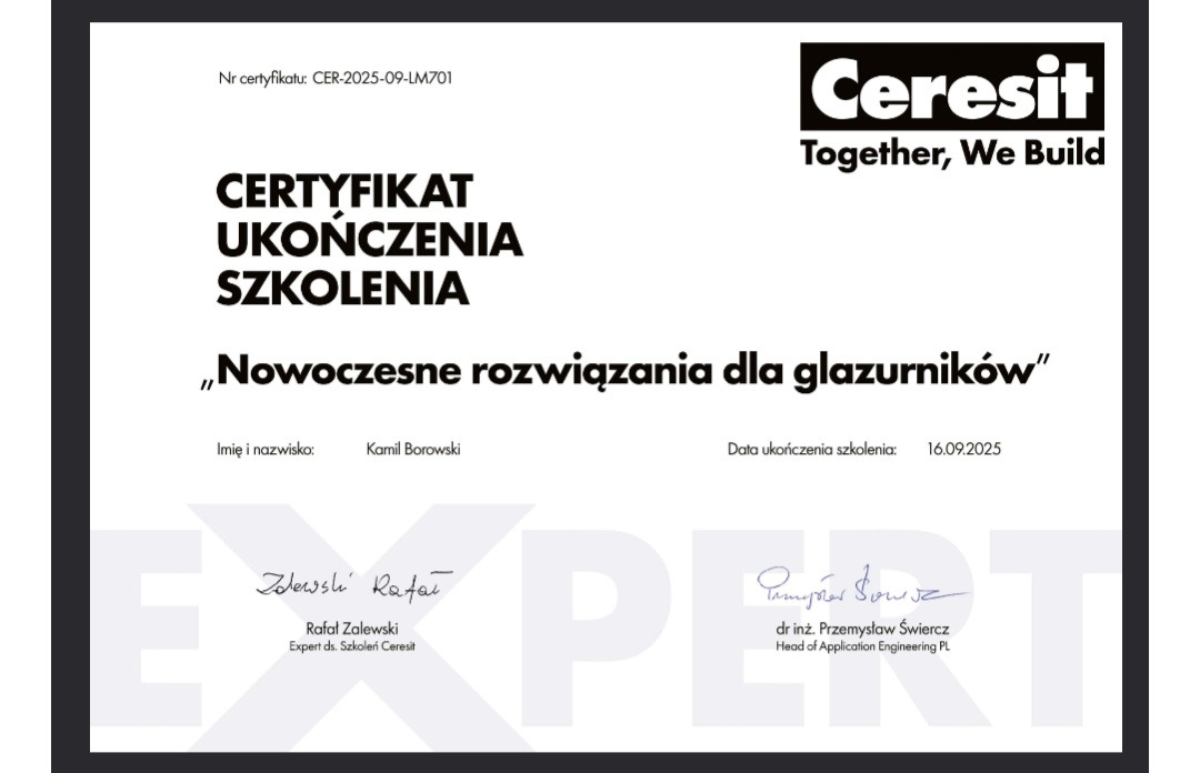 Certyfikat ukończenia szkolenia 'Nowoczesne rozwiązania dla glazurników' marki Ceresit, z datą ukończenia 16.09.2025 i podpisami ekspertów.
