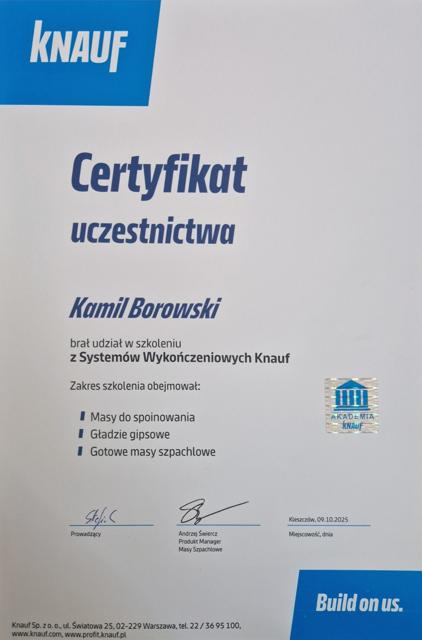Certyfikat Knauf dla Kamila Borowskiego za szkolenie z systemów wykończeniowych, obejmujące masy do spoinowania, gładzie gipsowe i gotowe masy szpachlowe.