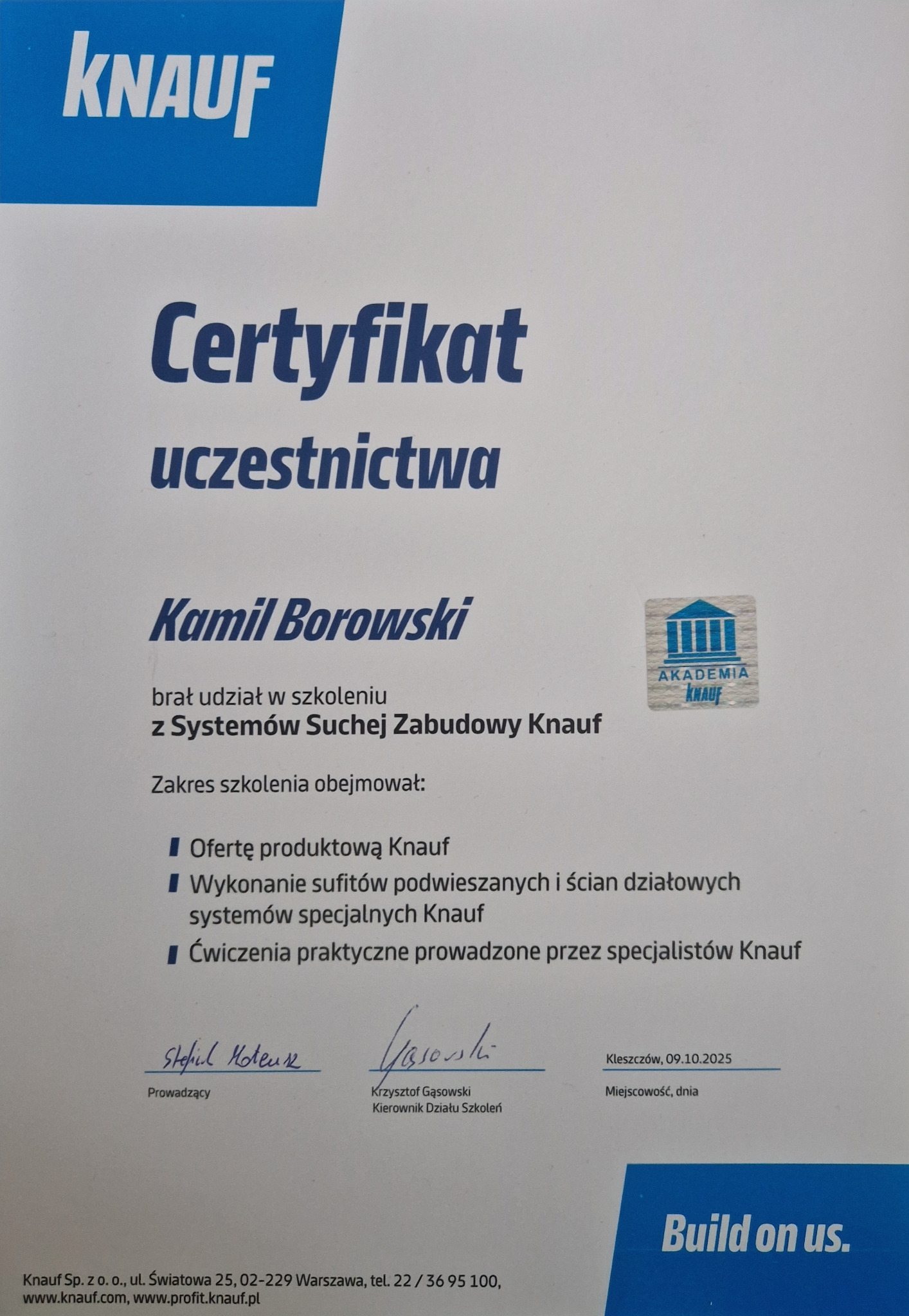 Certyfikat uczestnictwa Knauf dla Kamila Borowskiego w szkoleniu z systemów suchej zabudowy. Dokument z podpisami i hologramem Akademii Knauf.