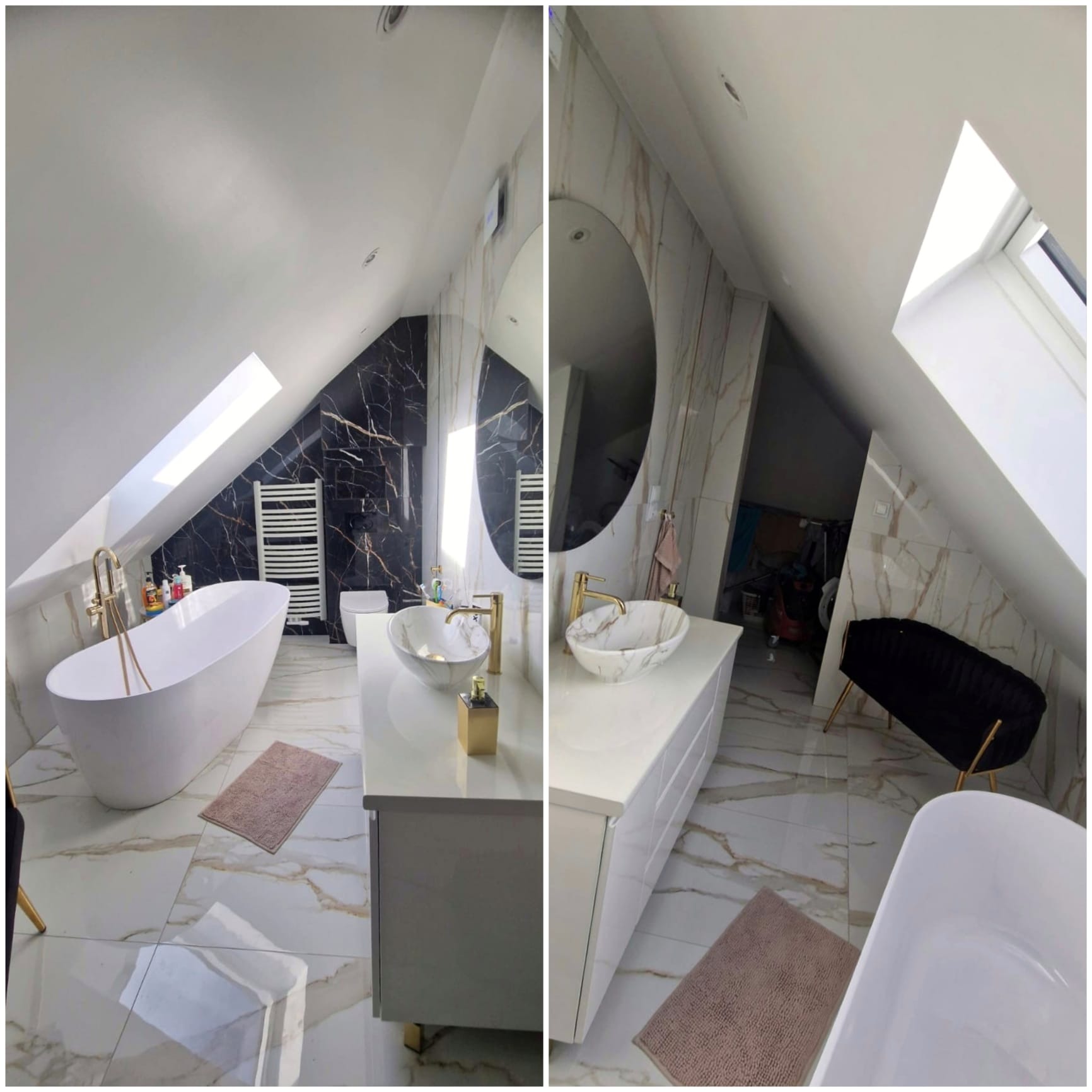 Nowoczesna łazienka na poddaszu z marmurowymi płytkami, wolnostojącą wanną i owalnym lustrem. Widok na skos dachu i okno dachowe. Złote akcenty armatury.