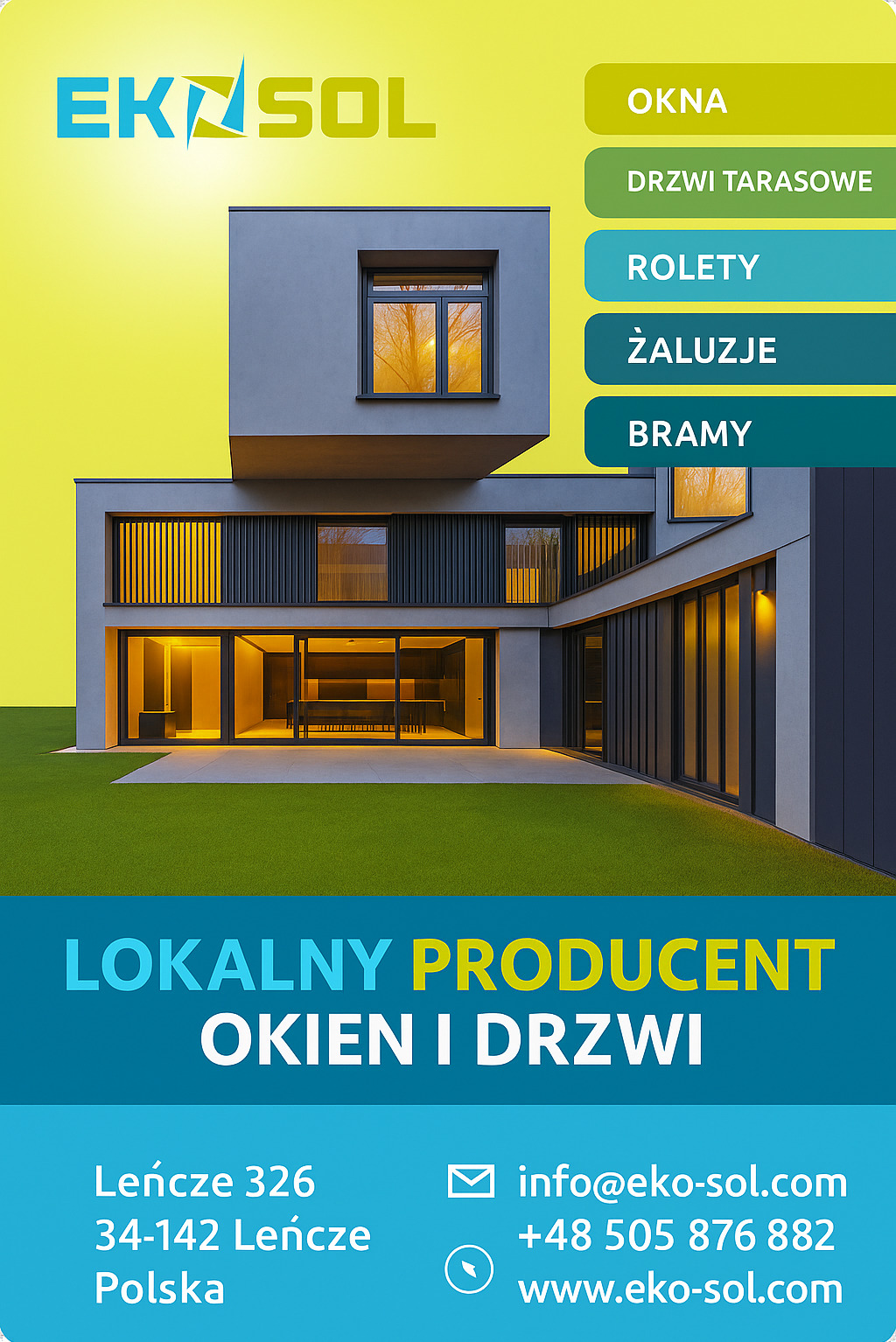 Nowoczesny dom z oknami i drzwiami tarasowymi, prezentowany na tle żółto-zielonej grafiki z logo firmy i informacjami kontaktowymi. Minimalistyczna architektura.