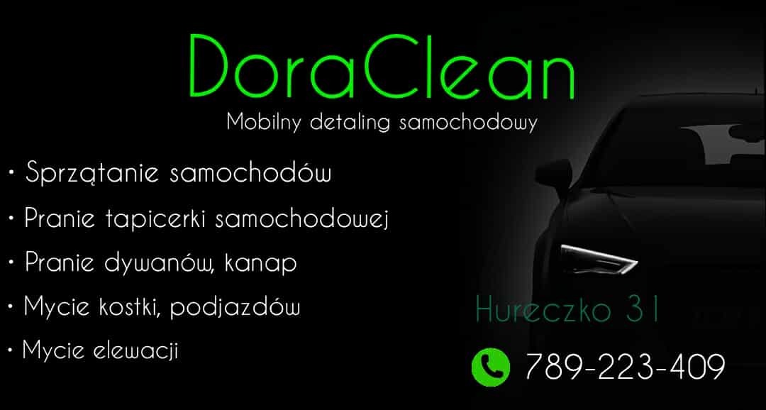 Grafika z logo DoraClean, oferująca mobilny detailing samochodowy, sprzątanie aut, pranie tapicerki, dywanów, mycie kostki i elewacji. Kontakt: Hureczko 31, tel. 789-223-409.