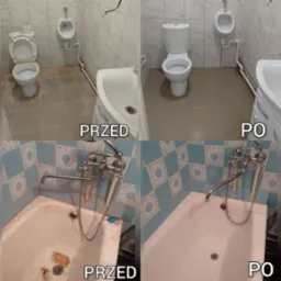 Zdjęcie łazienki w układzie 'przed i po' sprzątaniu. Widoczne umywalka, toaleta i wanna. Na zdjęciu widoczne są efekty czyszczenia i odświeżenia.