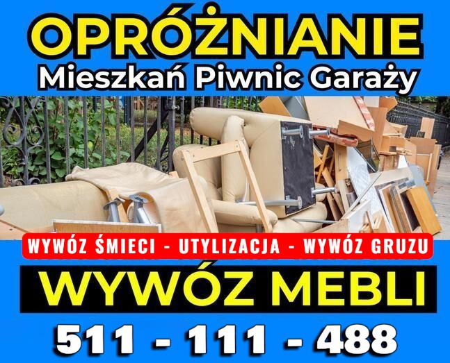 Ogłoszenie: Opróżnianie mieszkań, piwnic, garaży. Wywóz mebli, śmieci i gruzu. Na zdjęciu meble i kartony przed metalowym ogrodzeniem. Numer telefonu.