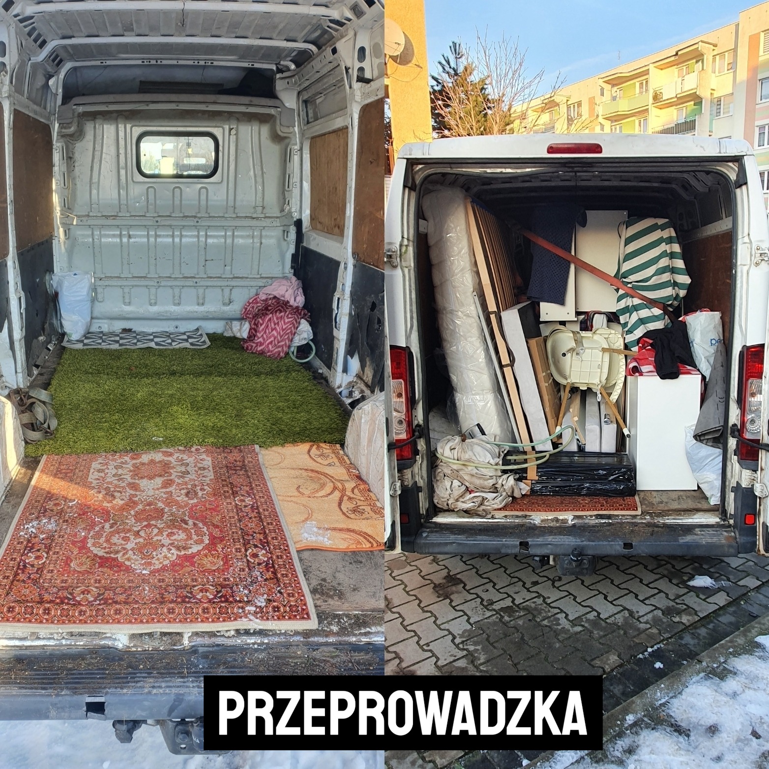 Dwa ujęcia wnętrza busa: pusta przestrzeń z dywanami i druga część załadowana meblami i sprzętami, gotowa do transportu. Widok z tyłu pojazdu.