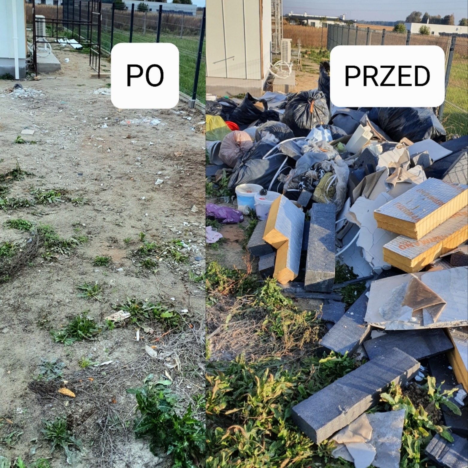 Zdjęcie 'przed i po' opróżniania terenu z gruzu i odpadów budowlanych. Po lewej czysty teren, po prawej sterta śmieci. Widoczne worki, styropian i inne odpady.