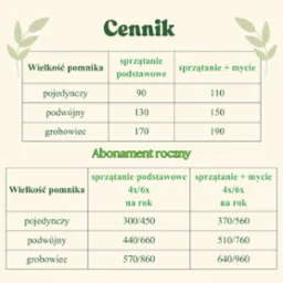 Cennik usług sprzątania i mycia nagrobków, obejmujący warianty pojedyncze, podwójne oraz grobowce, z opcjami abonamentu rocznego.