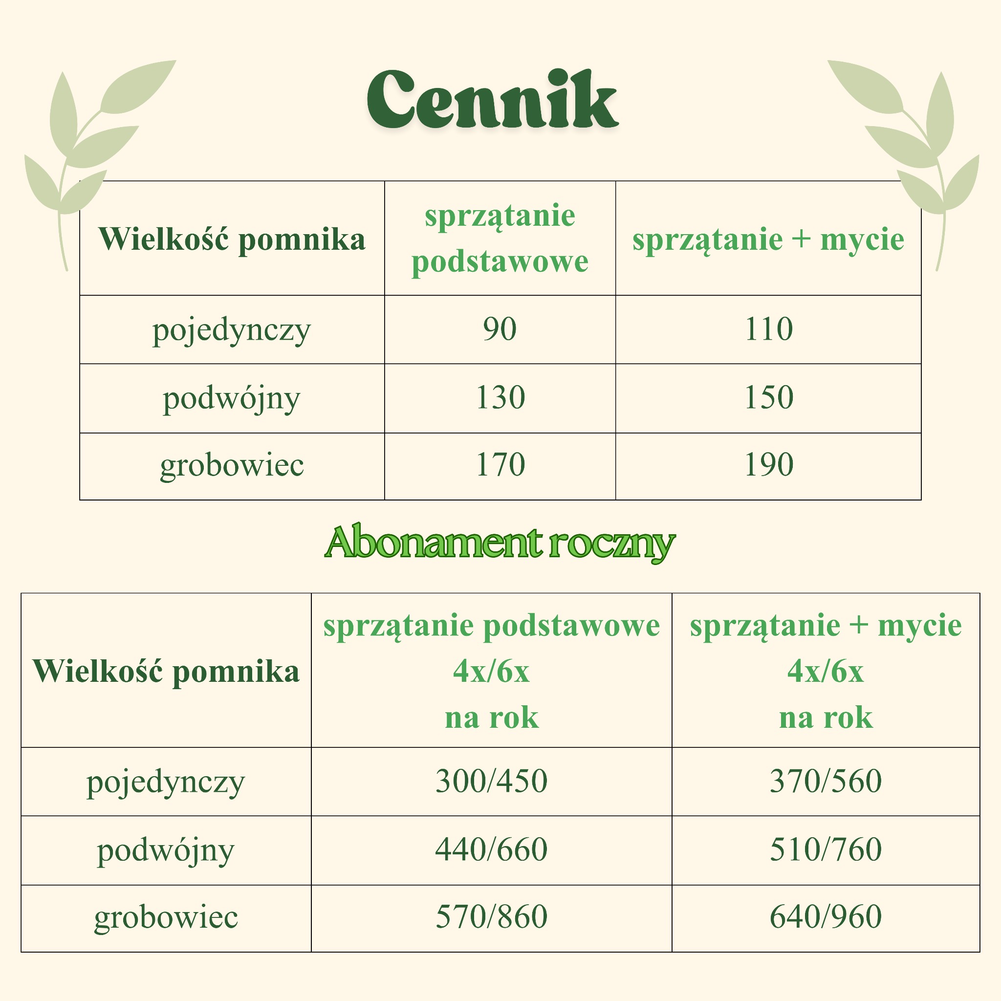 Cennik usług sprzątania i mycia nagrobków, obejmujący warianty pojedyncze, podwójne oraz grobowce, z opcjami abonamentu rocznego.