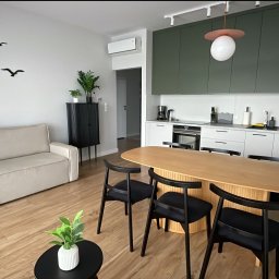 VADYM FEDORCHUK FIRMA USŁUGOWA - Nowoczesne, czyste wnętrze mieszkania z drewnianym stołem, czarnymi krzesłami i minimalistyczną kuchnią w odcieniach bieli i zieleni. Na ścianie dekoracja z motywem ptaków.