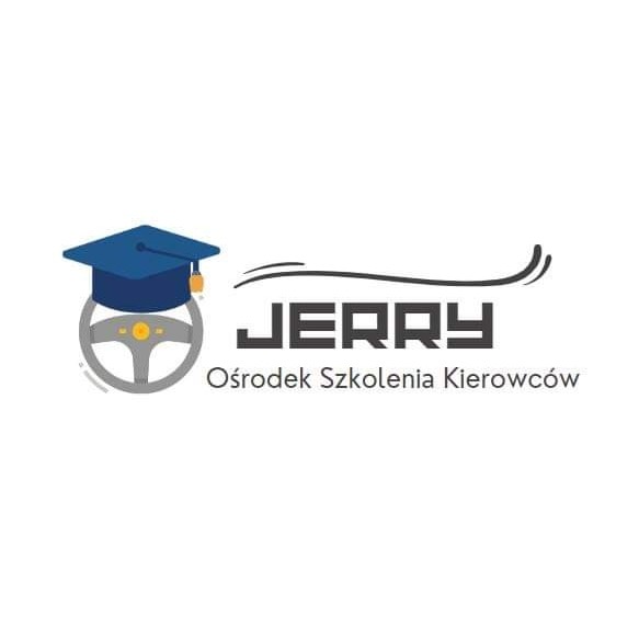 Logo szkoły jazdy 'Jerry': kierownica z biretem absolwenta, nazwa i dopisek 'Ośrodek Szkolenia Kierowców'.