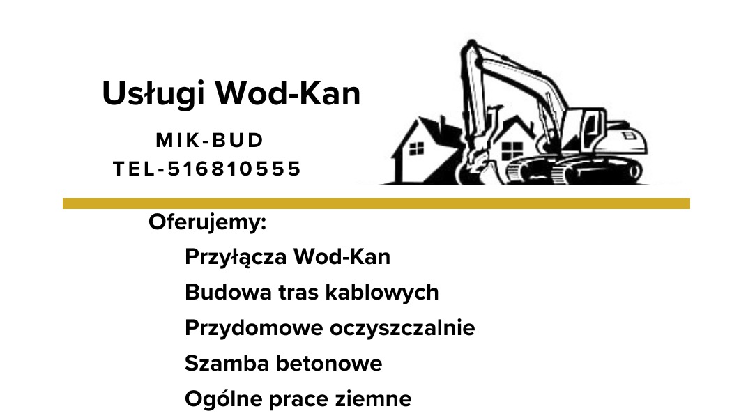 Grafika firmy MIK-BUD oferującej usługi wod-kan, budowę tras kablowych, przydomowe oczyszczalnie, szamba betonowe i prace ziemne. Logo firmy z koparką i domami.