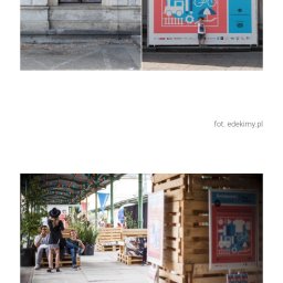 Dominika Komowska - Plakat 'Świebodzki Targ Kultury' z ilustracjami graficznymi, umieszczony na tle architektonicznym z oknem i kolumnami. Dodatkowo ujęcie z ludźmi i paletami.