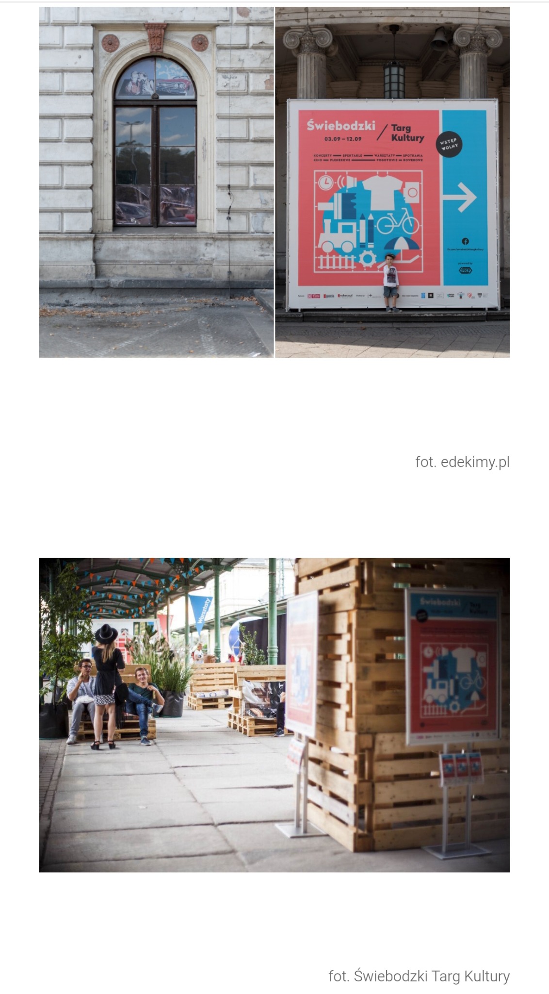 Plakat 'Świebodzki Targ Kultury' z ilustracjami graficznymi, umieszczony na tle architektonicznym z oknem i kolumnami. Dodatkowo ujęcie z ludźmi i paletami.