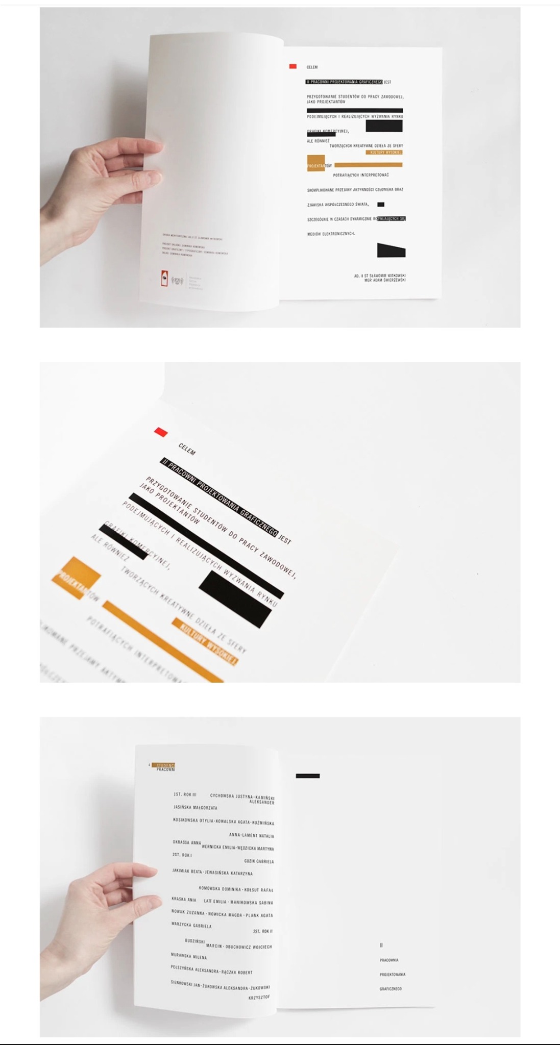 Otwarta publikacja graficzna w dłoniach, prezentująca prace studentów projektowania graficznego. Minimalistyczny układ, czcionki i kolory tworzą nowoczesny design.