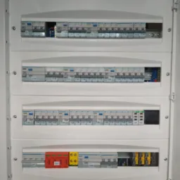 Otwarta skrzynka bezpiecznikowa z zainstalowanymi bezpiecznikami i przewodami, widok z bliska. Instalacja elektryczna wewnątrz pomieszczenia.