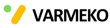 Logo firmy VARMEKO z zieloną kropką i żółtym ukośnikiem po lewej stronie, czarny napis VARMEKO po prawej, na białym tle.