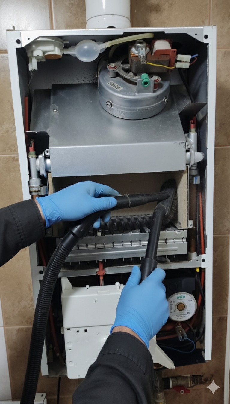 Czyszczenie wnętrza pieca gazowego przez serwisanta w niebieskich rękawicach, używającego węża i szczotki odkurzacza. Widoczne elementy pieca i instalacja.