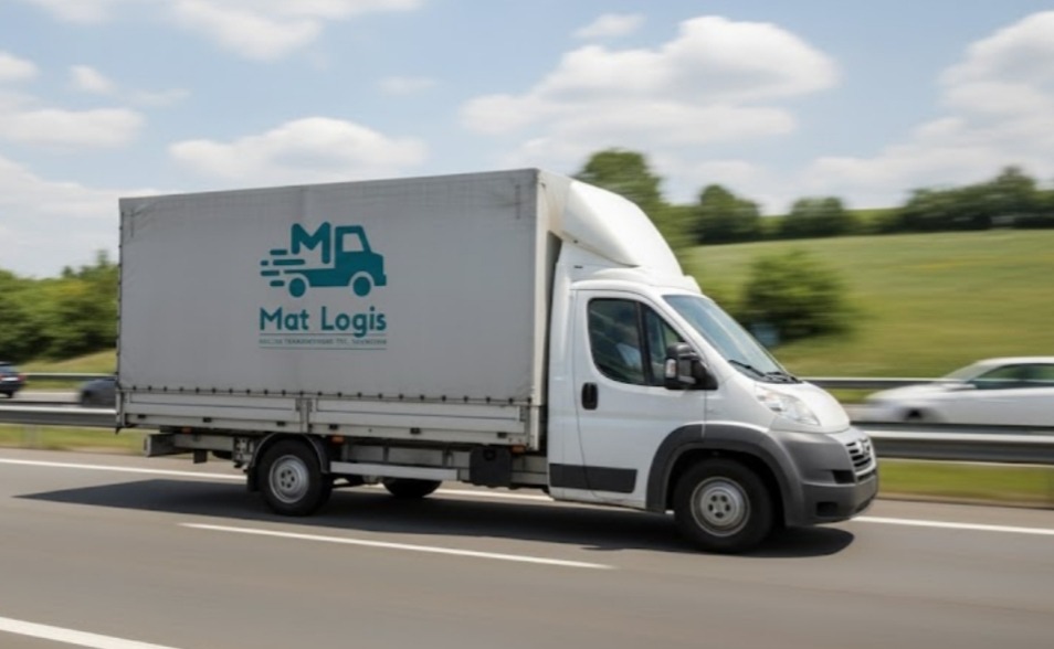 Biały bus dostawczy z logo Mat Logis w ruchu na autostradzie, z rozmytym tłem zieleni i nieba. Dynamiczne ujęcie podkreśla szybkość i profesjonalizm firmy.