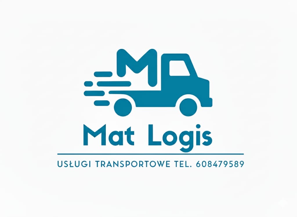 Niebieskie logo firmy transportowej Mat Logis z ikoną ciężarówki i numerem telefonu na białym tle. Usługi transportowe.