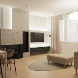 Salon z kominkiem obłożonym lastryko, beżową sofą i pufą. Na ścianie telewizor i dekoracyjne lamele. Minimalistyczne oświetlenie i jasne drewno na podłodze.