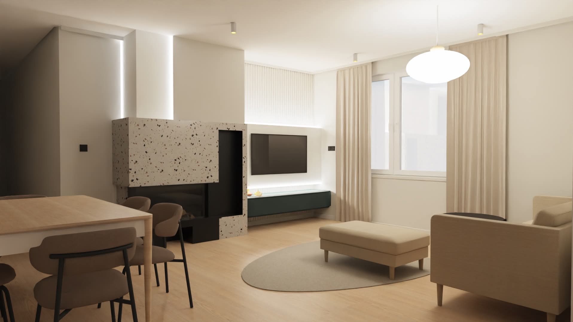 Salon z kominkiem obłożonym lastryko, beżową sofą i pufą. Na ścianie telewizor i dekoracyjne lamele. Minimalistyczne oświetlenie i jasne drewno na podłodze.