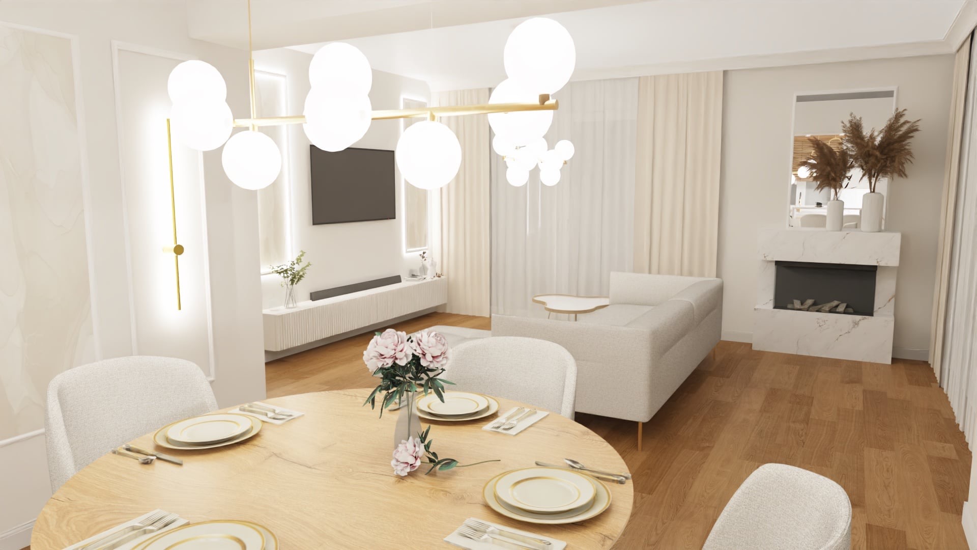 Jasne wnętrze salonu z jadalnią w stylu nowoczesnym: okrągły stół z kwiatami, sofa, kominek z lustrem i designerskie oświetlenie.