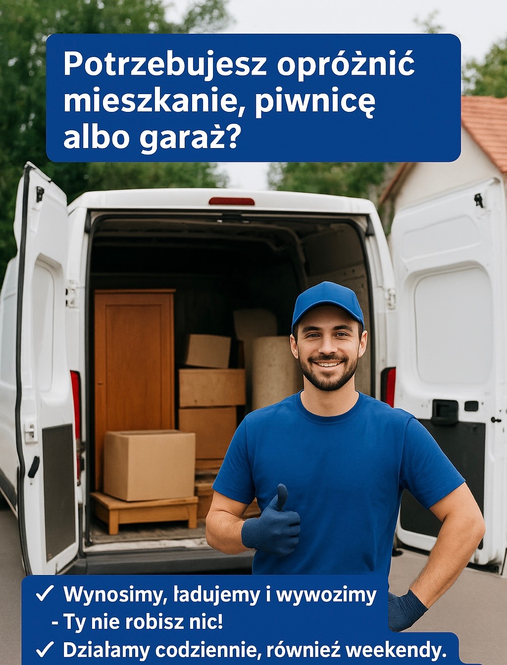 Uśmiechnięty mężczyzna w niebieskim stroju, na tle otwartego busa z meblami i kartonami, oferuje usługi opróżniania mieszkań.